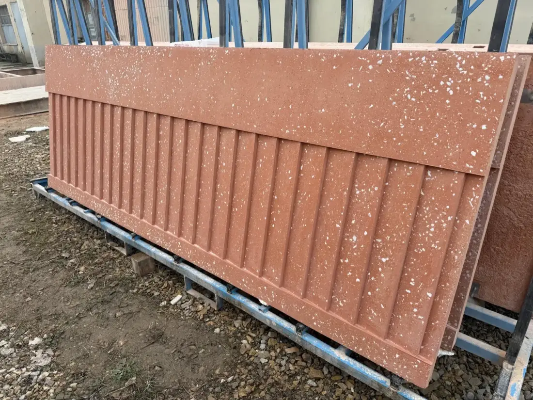 Through-body coloured façade panel in our factory yard